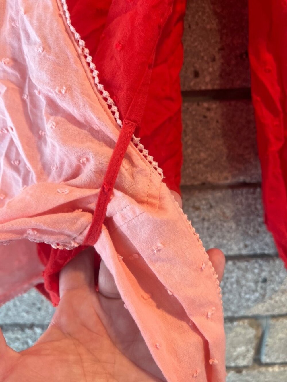 Colorblock Wrap Blouse With Puff Sleeves & Textured Dotted Fabric Pink & Red Tie - Picture 3 of 13